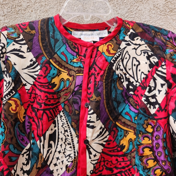 Vintage ANNE CRIMMINS Jacket Size 6 100% Silk Red Artsy Floral Lined - Picture 2 of 10
